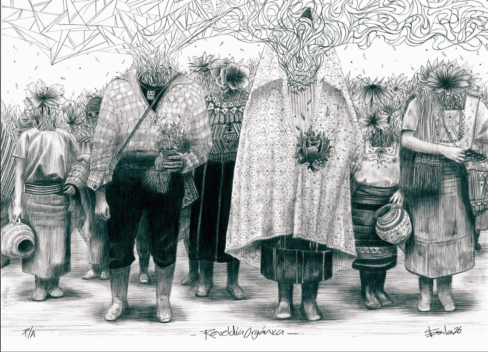 Pencil drawing titled Rebeldia Organica of figures in traditional dress with floral headpieces